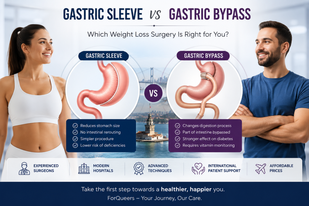 Gastric sleeve vs gastric bypass comparison illustration showing two patients, stomach procedure diagrams, and bariatric surgery differences in Turkey.